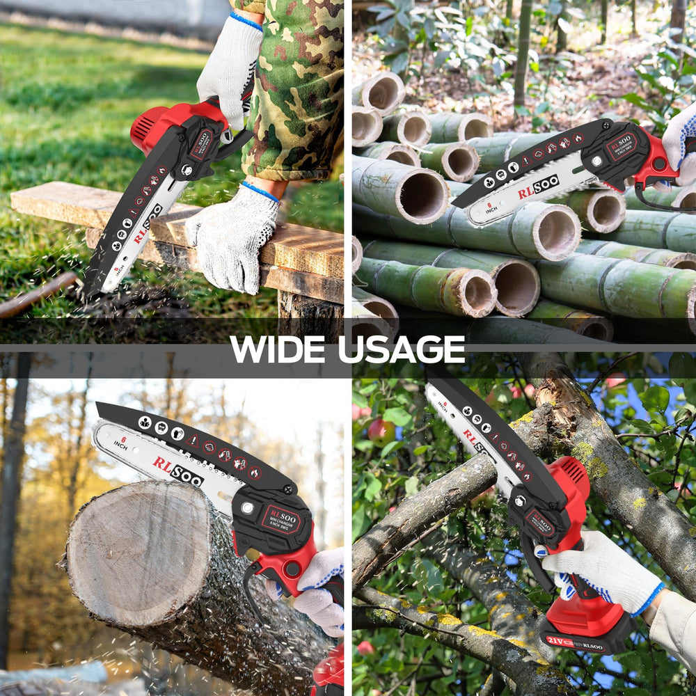 RLSOO Mini Chainsaw showing safety features and controls
