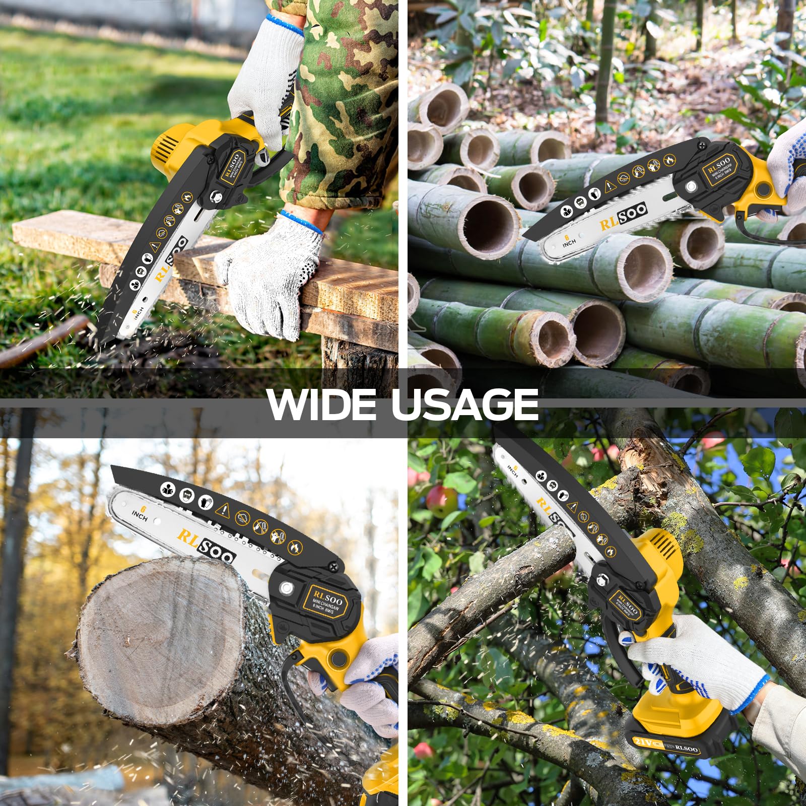 RLSOO Mini Chainsaw with safety features displayed