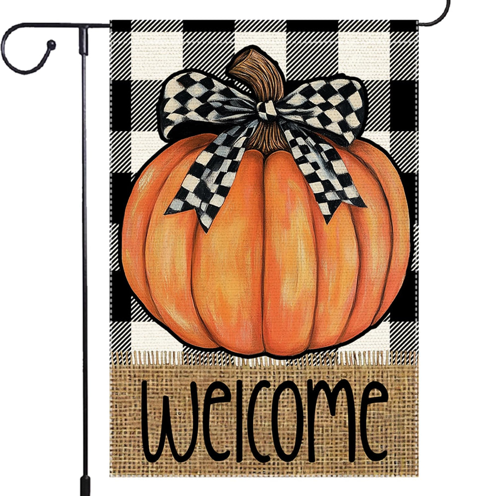 RMXJKIIU Buffalo Plaid Fall Garden Flag with pumpkin design