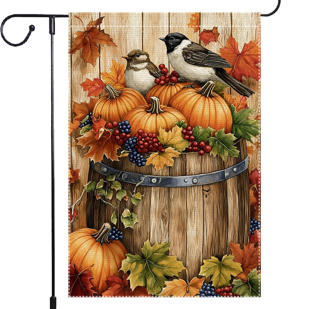 RMXJKIIU Fall Chickadee Garden Flag front view with autumn design