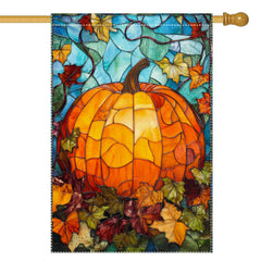 RMXJKIIU Fall Garden Flag front view with stained glass pumpkin design