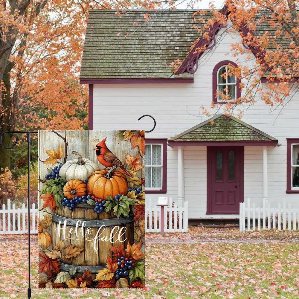 RMXJKIIU garden flag with red finch and wooden barrel design