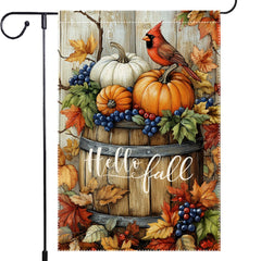 RMXJKIIU Welcome Fall Cardinal Garden Flag front view with pumpkins and autumn leaves