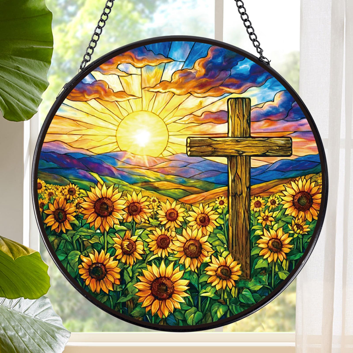 Rngmsi 8 Inch Cross Sunflower Stained Glass Suncatcher front view