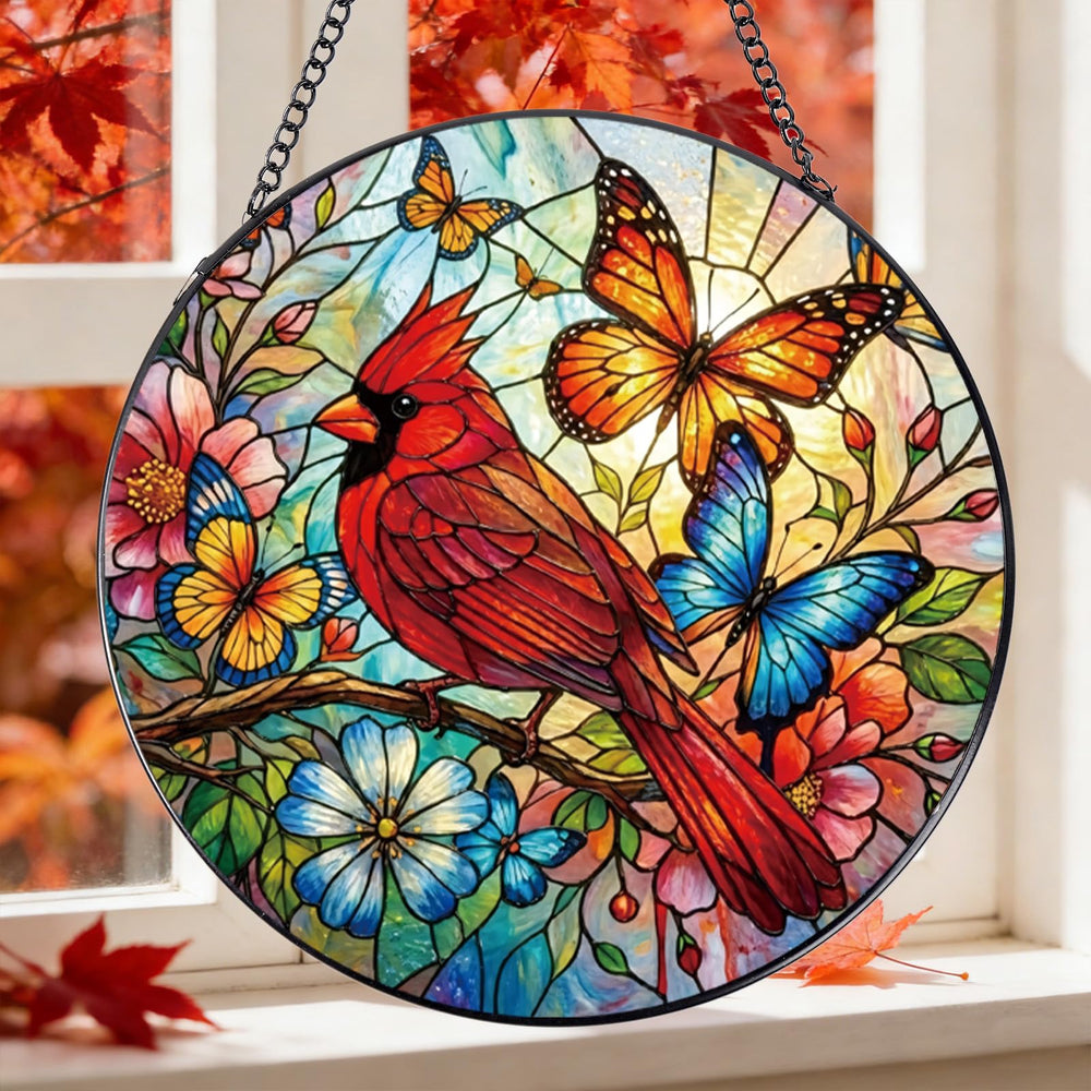 Rngmsi Cardinal Stained Glass Sun Catcher front view with vibrant red cardinal