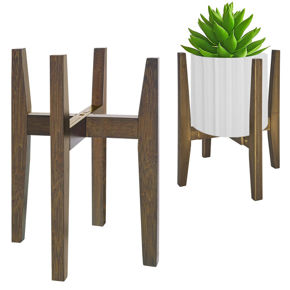 Rnined Bamboo Plant Stand front view in walnut finish