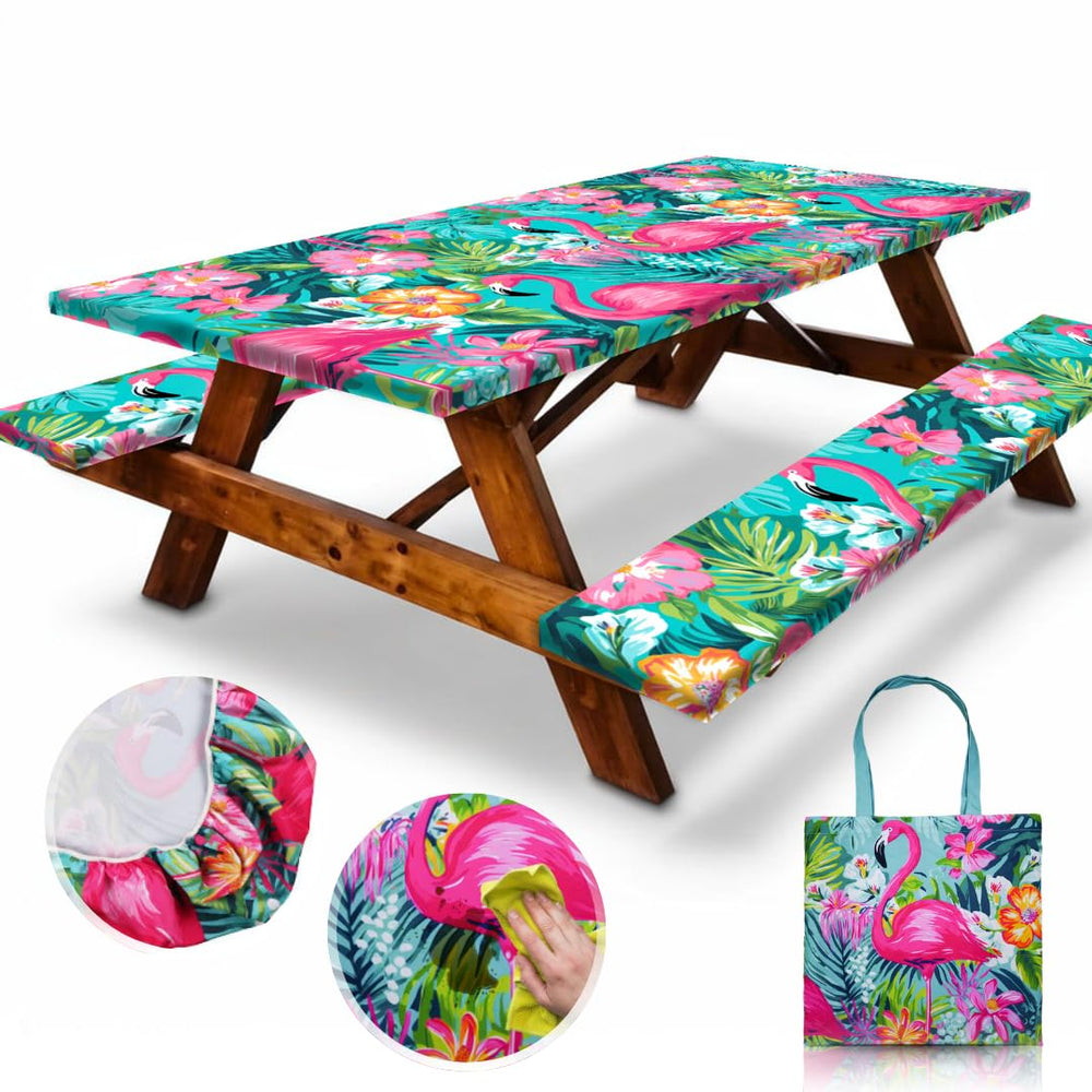 RNOONY 6ft Polyester Picnic Table Cover in Flamingo design, front view