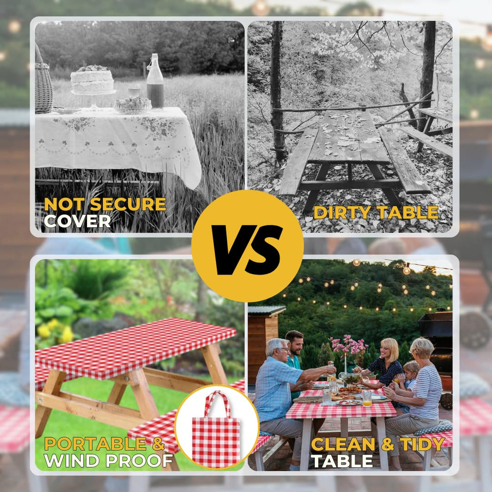 RNOONY Red Checkered Vinyl Picnic Table Cover on outdoor table