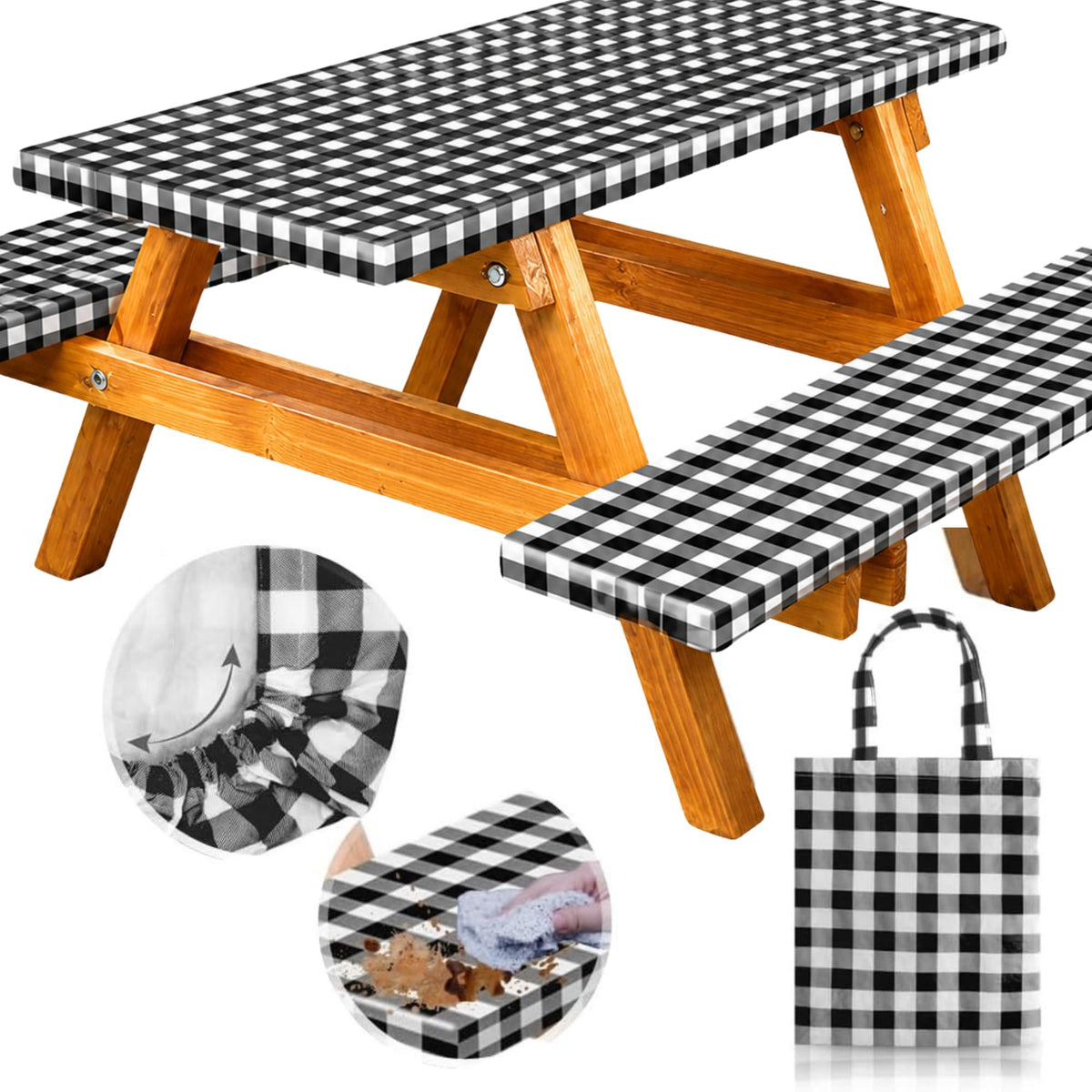 RNOONY vinyl fitted picnic table cover black checkered front view