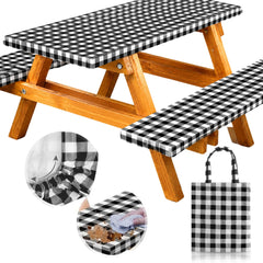 RNOONY vinyl fitted picnic table cover black checkered front view
