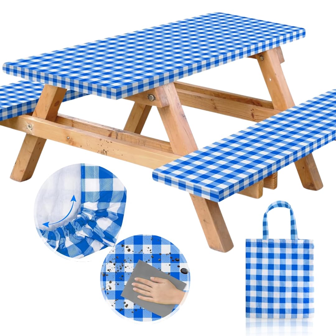 RNOONY Vinyl Fitted Picnic Table Cover Set, Blue Checkered, front view