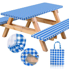 RNOONY Vinyl Fitted Picnic Table Cover Set, Blue Checkered, front view