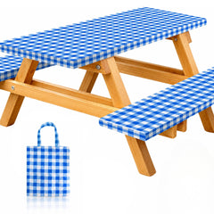 RNOONY vinyl fitted picnic table cover set blue checkered front view