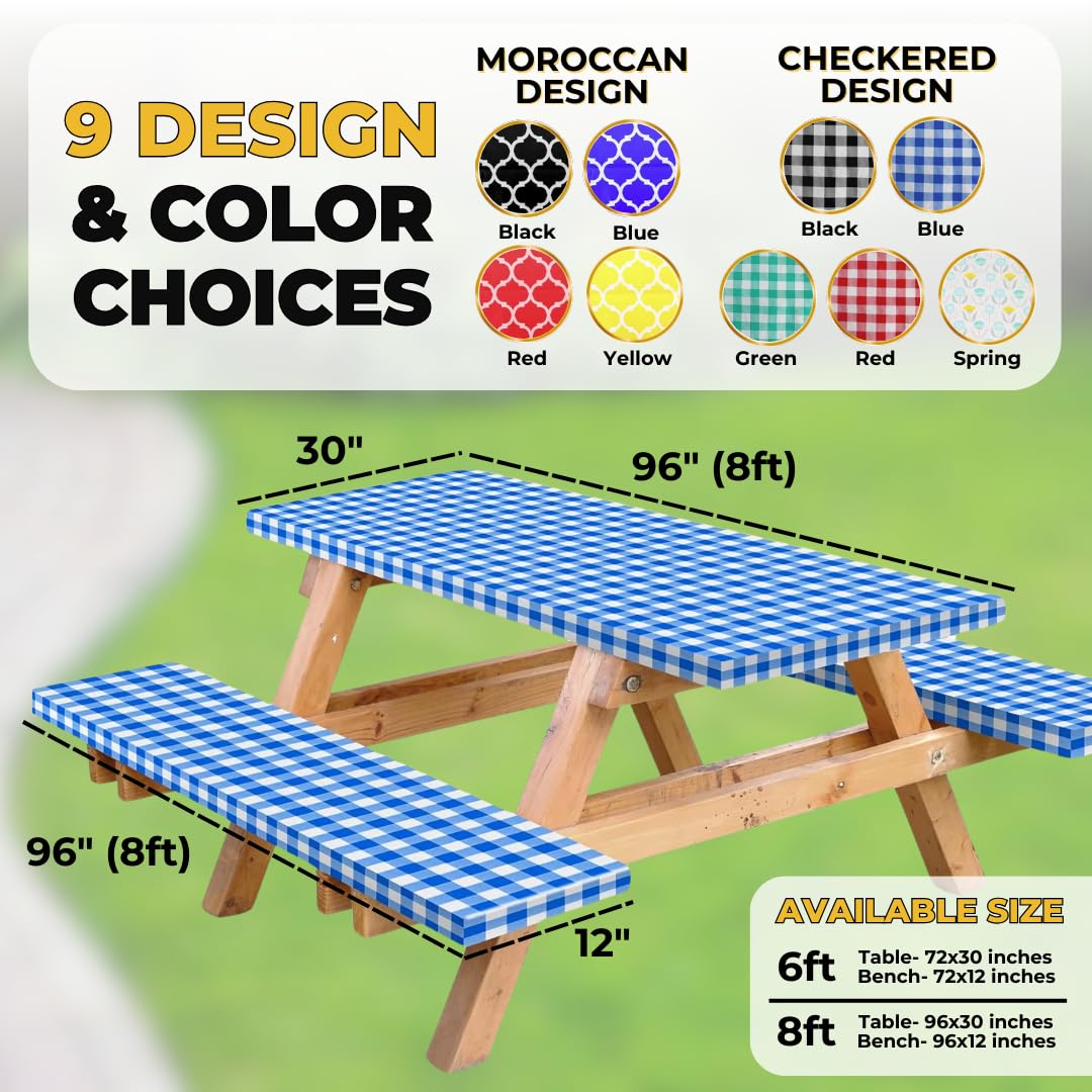 RNOONY Vinyl Fitted Table Cover with Bench Covers, Blue Checkered, side view
