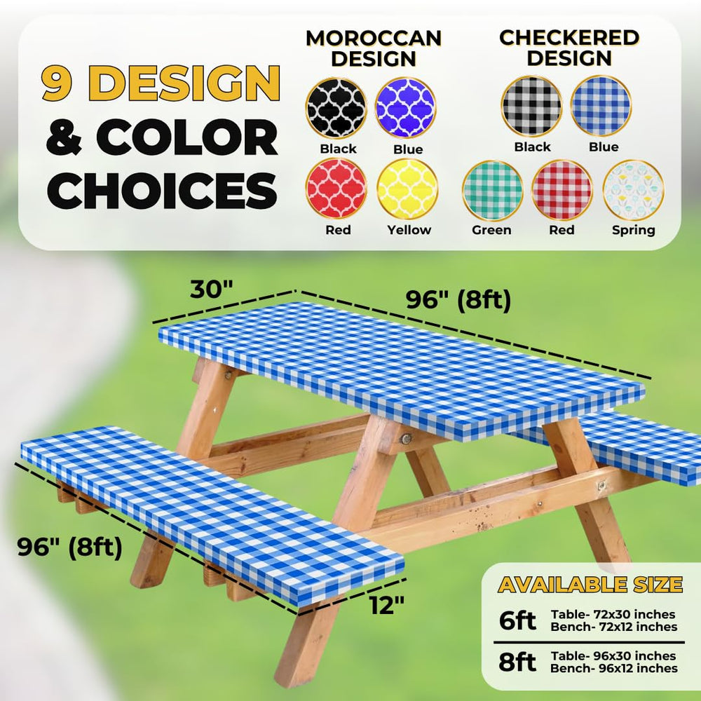 RNOONY Vinyl Fitted Table Cover with Bench Covers, Blue Checkered, side view