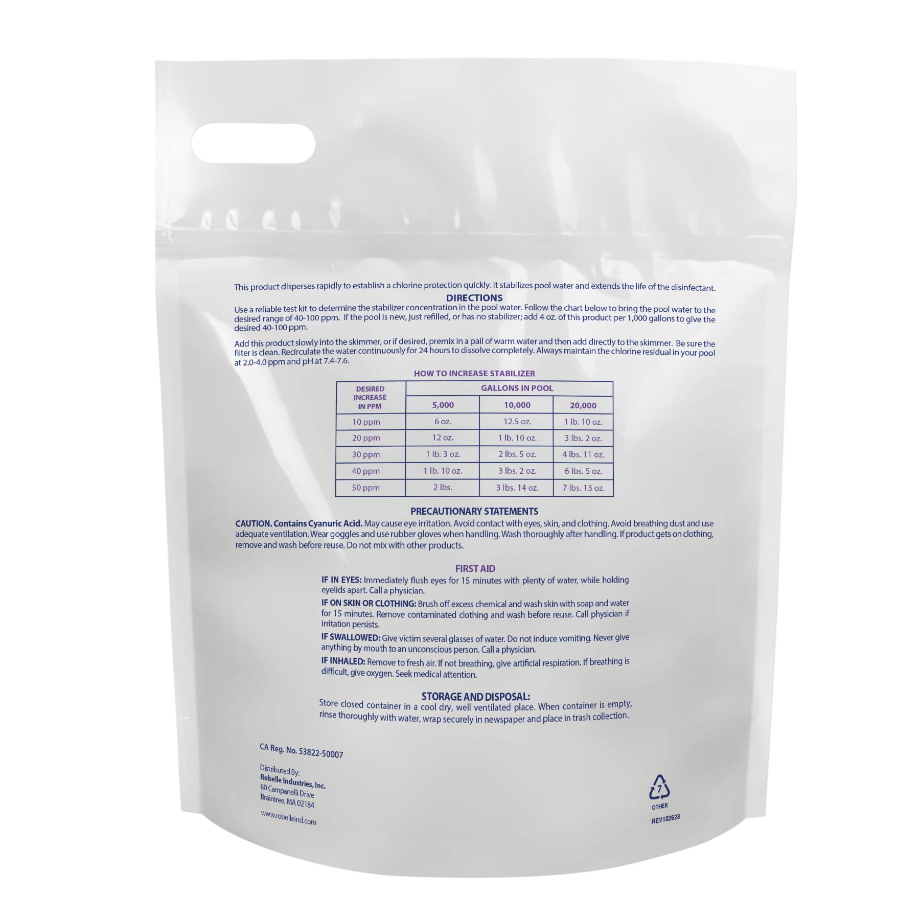 Robelle 7-Pounds Chlorine Stabilizer packaging side view
