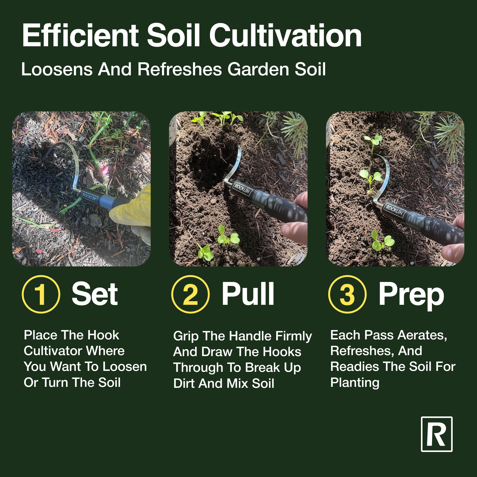 Rocklin Industry Large Radius Hook Cultivator in a garden setting