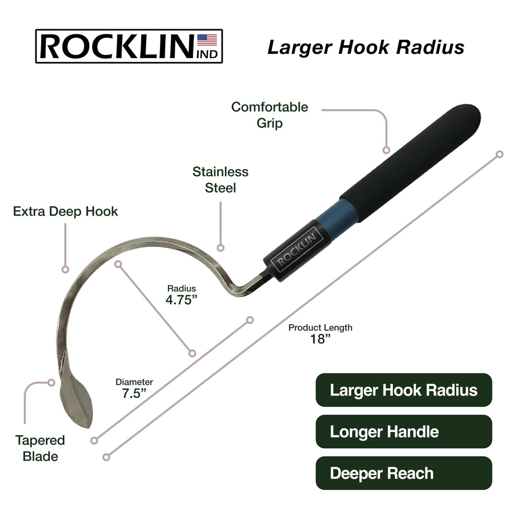 Rocklin Industry Large Radius Hook Cultivator showing the stainless steel finish