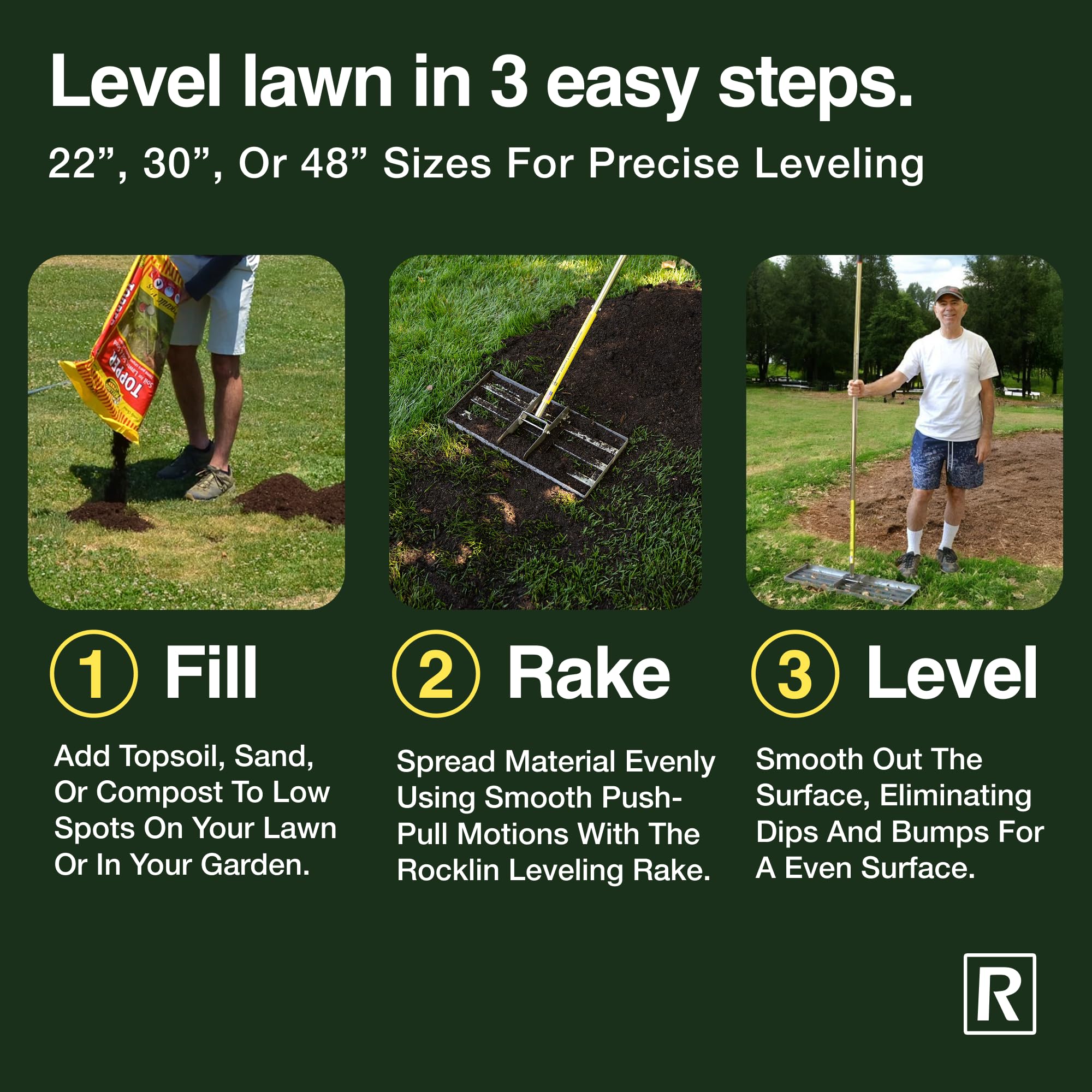 Rocklin Lawn Leveling Rake in use on a backyard lawn