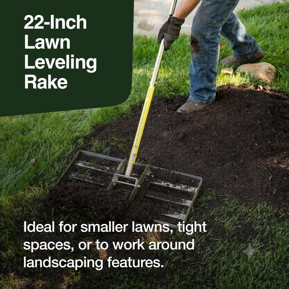 Rocklin Lawn Leveling Rake side view showing stainless steel construction