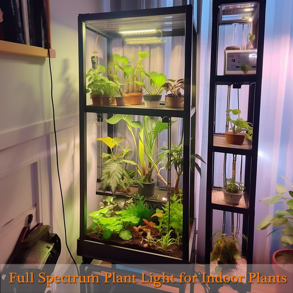 Rocoking grow light with plants in an indoor garden