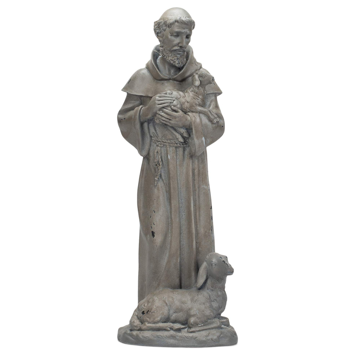 Roman Saint Francis Garden Statue front view, grey resin