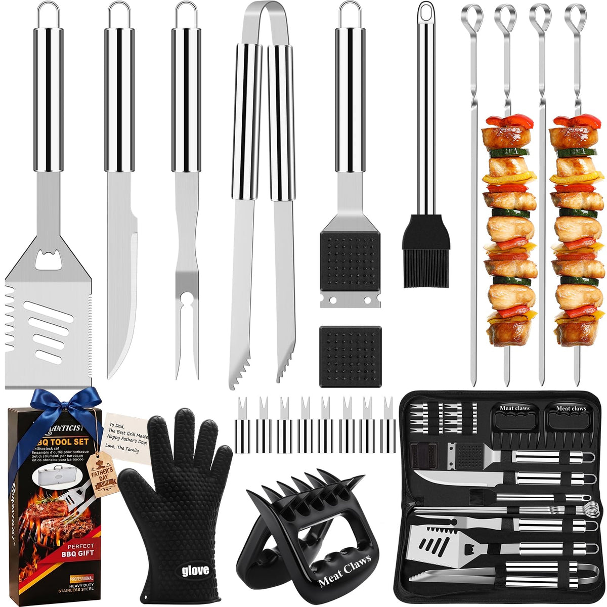 ROMANTICIST 23pcs BBQ Tool Set in silver with durable carrying bag