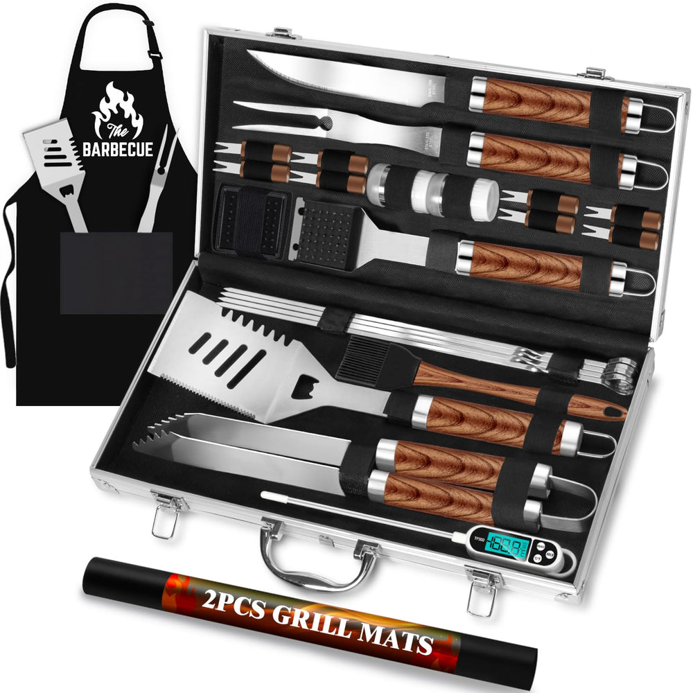 ROMANTICIST 26pcs BBQ Grill Accessories Set in aluminum case, brown