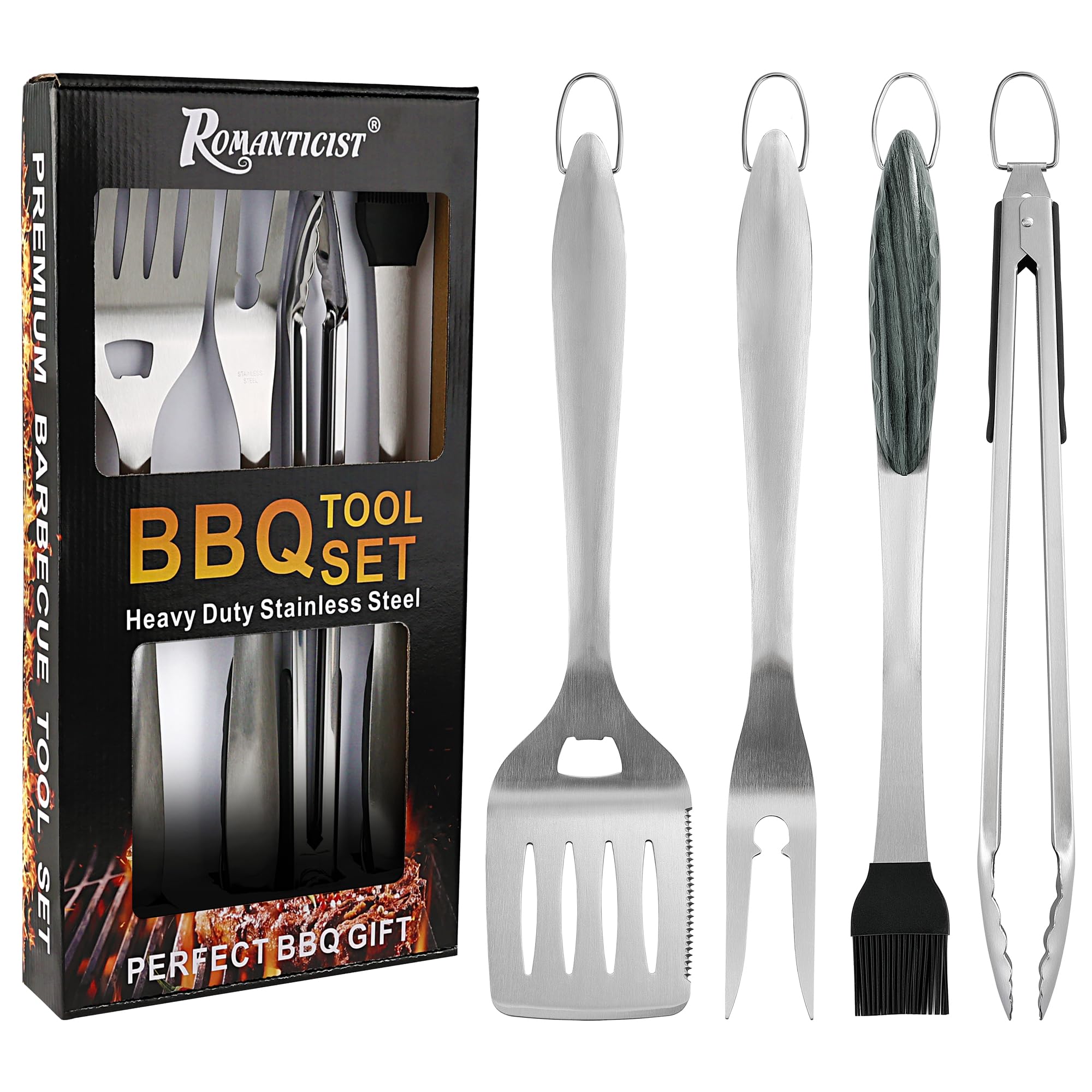 ROMANTICIST 4pc Heavy Duty Grill Accessories Set including spatula, fork, tongs, and basting brush