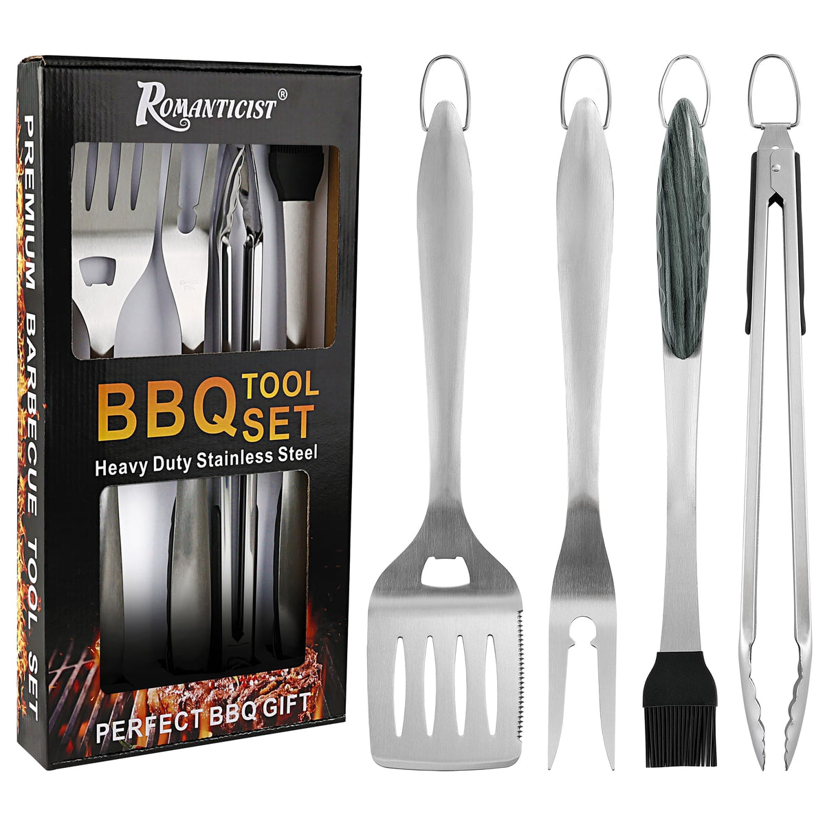 ROMANTICIST 4pc Heavy Duty Grill Accessories Set including spatula, fork, tongs, and basting brush
