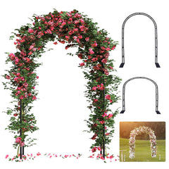 ROOLLYA Metal Garden Arch Arbor front view with climbing plants