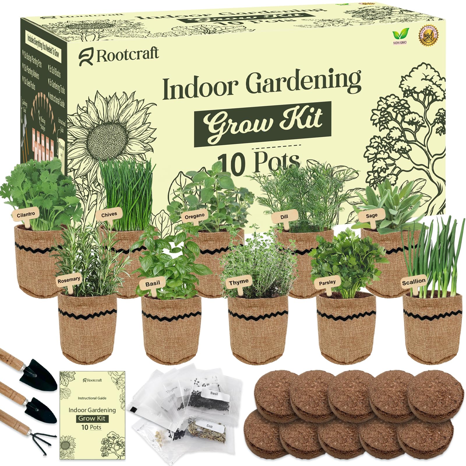 ROOTCRAFT 10 Herb Garden Planter Kit with burlap pots and tools