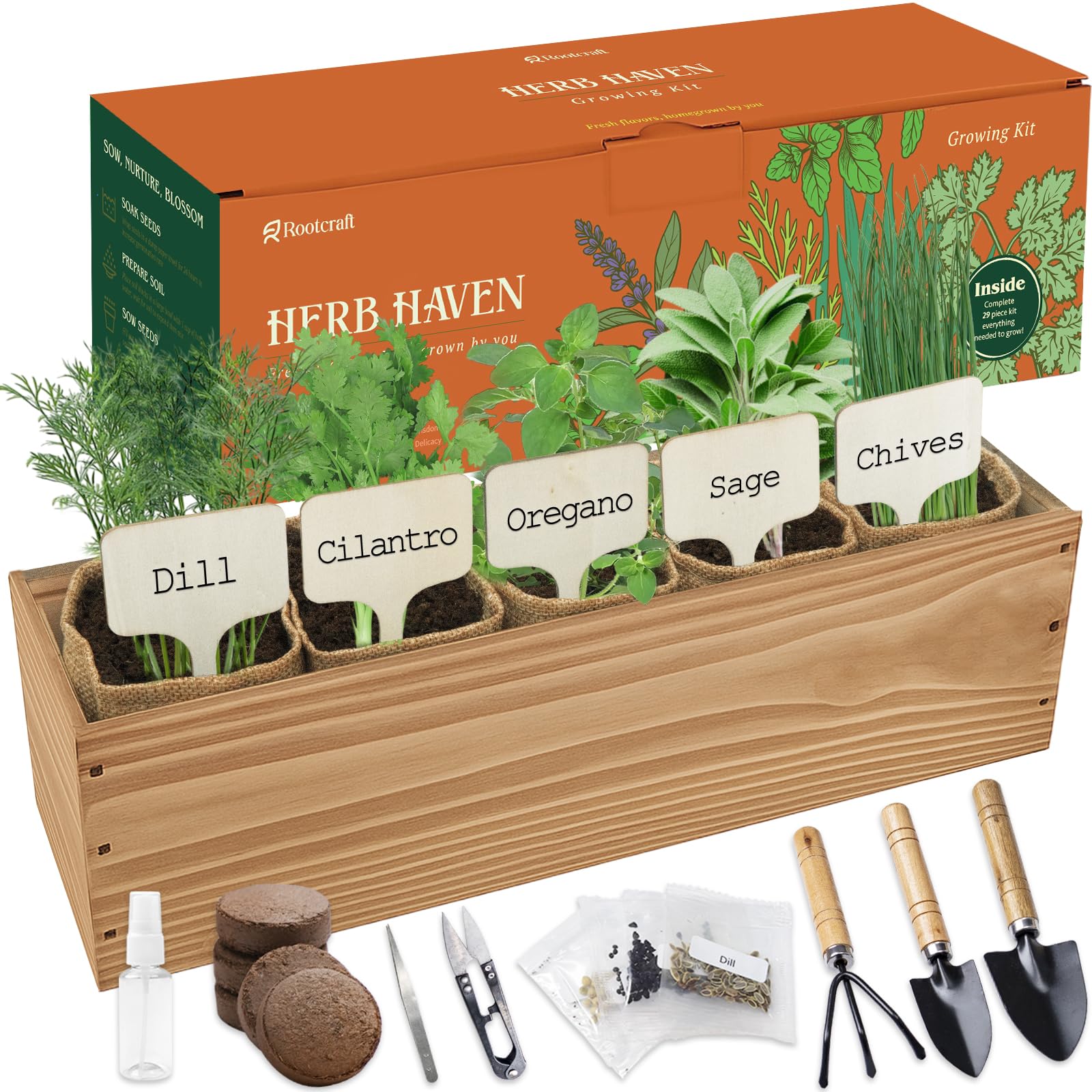 ROOTCRAFT Herb Garden Planter Kit with wooden box and seed packets