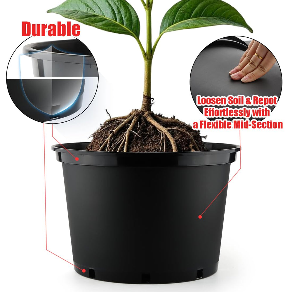 RooTrimmer 10 Gallon Plastic Nursery Pot filled with soil and plants