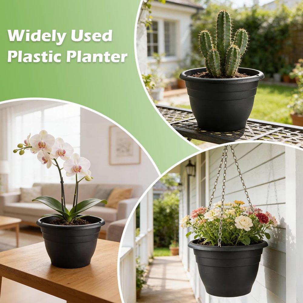RooTrimmer 11 inch black planters on patio