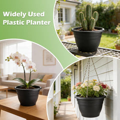 RooTrimmer 11 inch black planters on patio