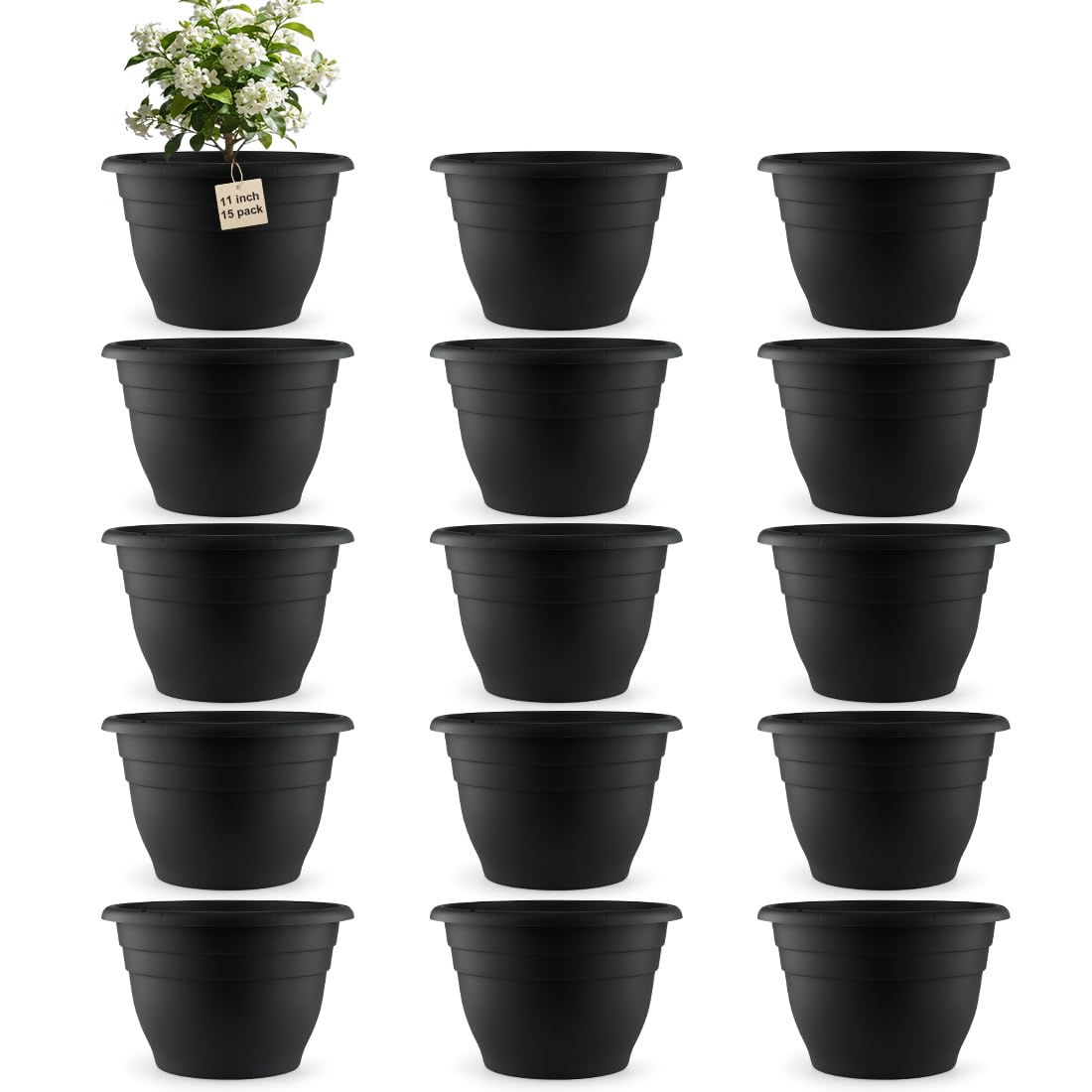 RooTrimmer 11 inch black plastic plant pots front view
