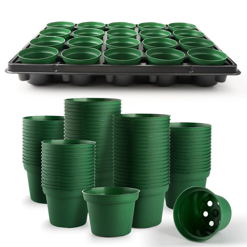 RooTrimmer 3 Inch Nursery Pots set with 5 trays in green and black