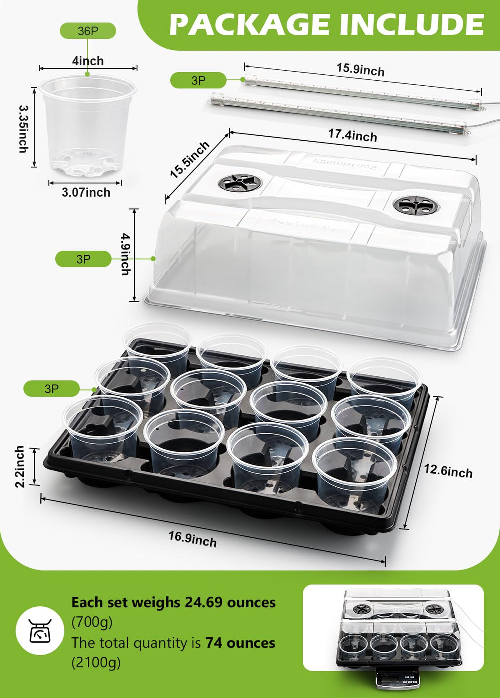 RooTrimmer 3 pack of 12 cell nursery pot trays with humidity dome