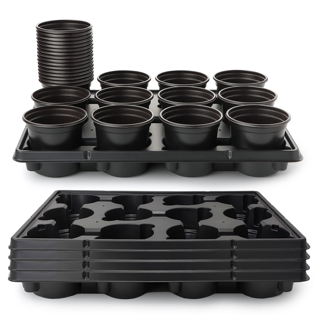 RooTrimmer 4 inch plastic plant pots pack of 60 with black trays