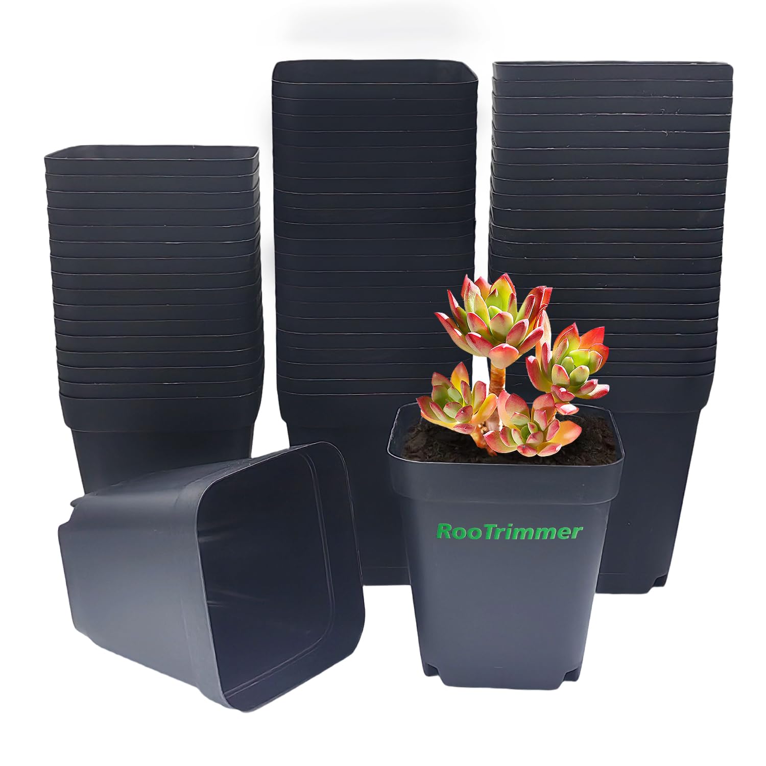 RooTrimmer 4 Inch Square Nursery Pot front view, black color