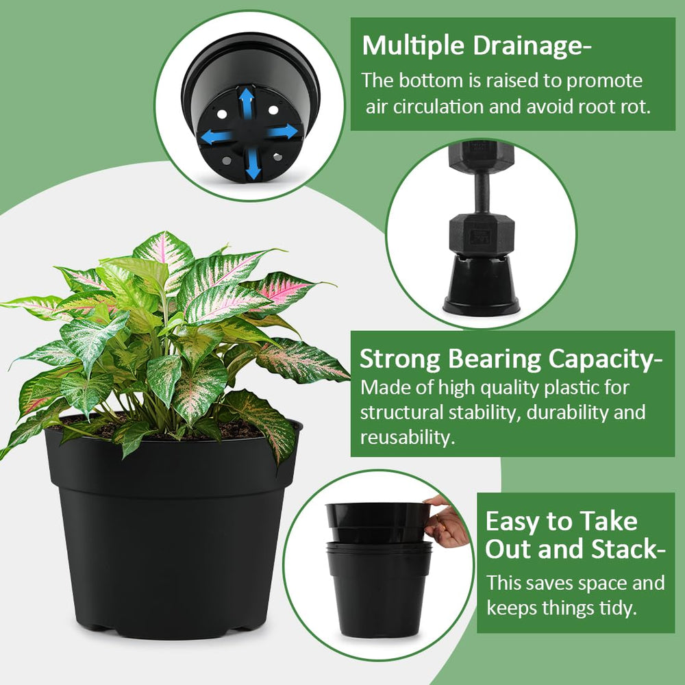 RooTrimmer 8-inch black nursery pot with a vibrant plant