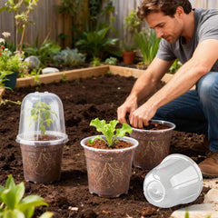 RooTrimmer clear nursery pots stacked with humidity domes