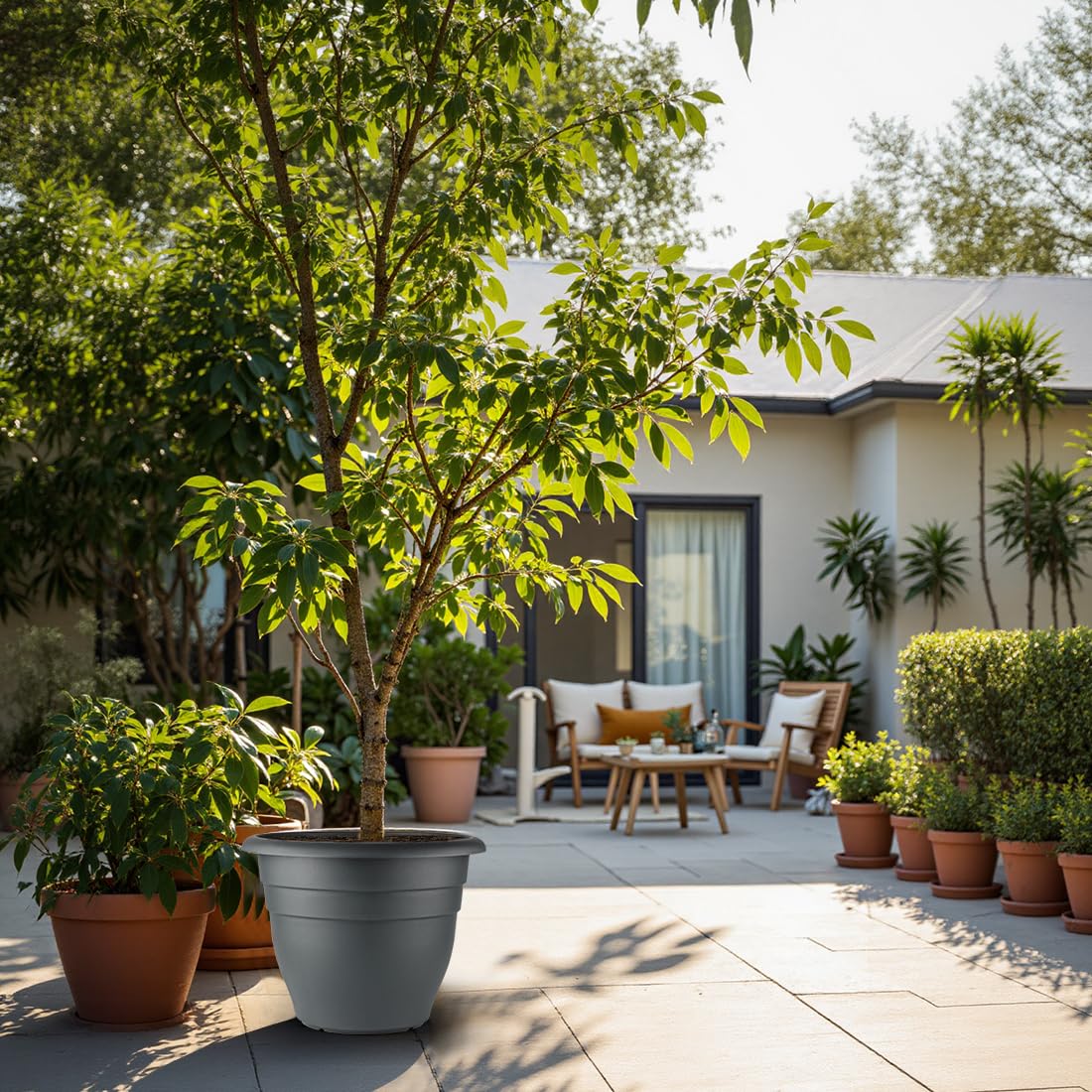 RooTrimmer gray plant pots stacked for easy storage
