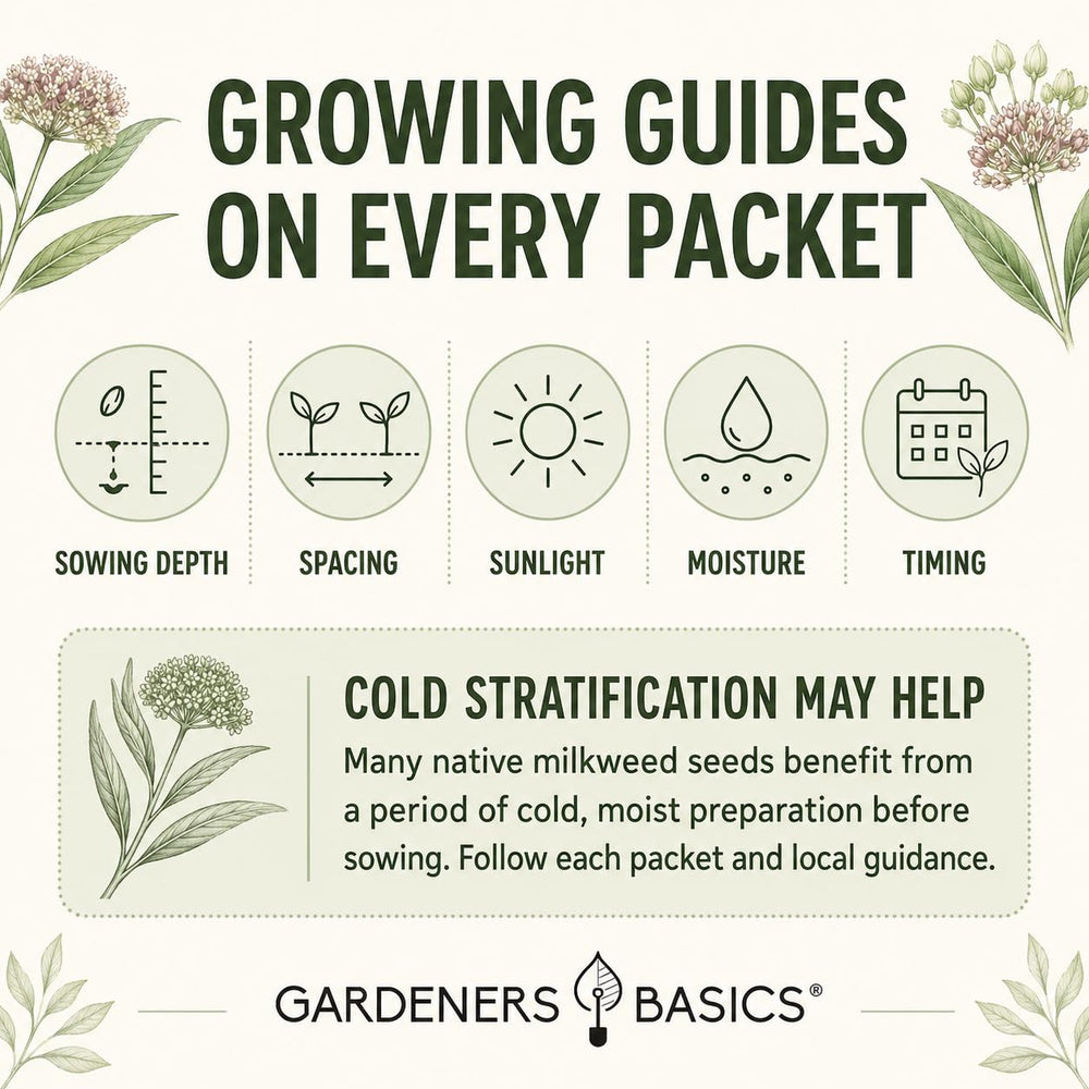 Rose or swamp milkweed seeds packet from Gardeners Basics