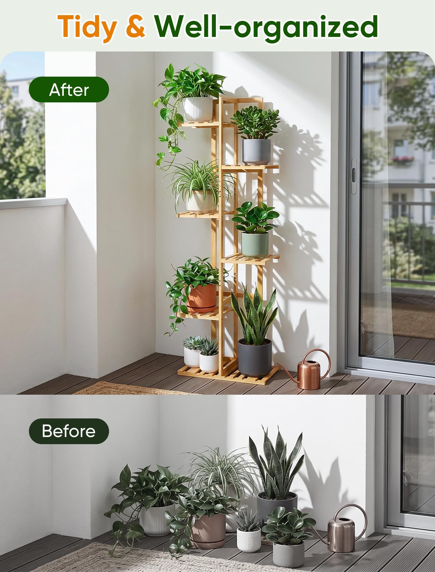 ROSSNY 48 Inch Bamboo Plant Stand in a living room setting