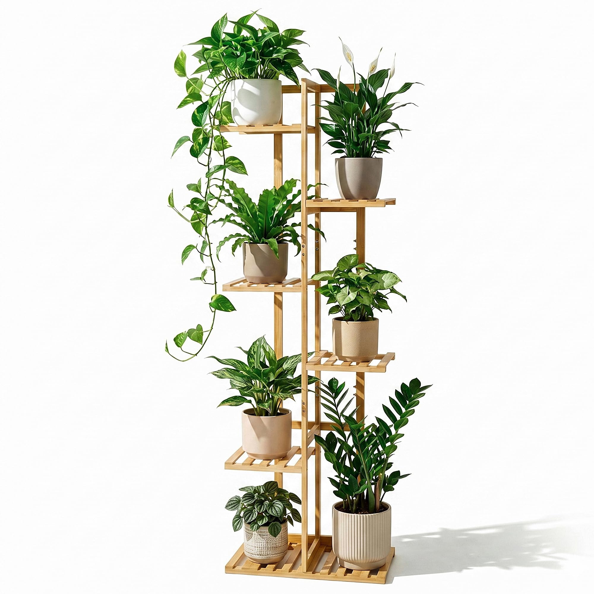 ROSSNY 48 Inch Tall Bamboo Plant Stand with 6 tiers and 7 pots