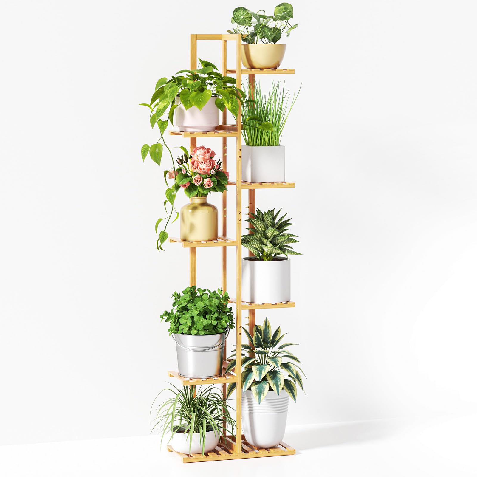 ROSSNY 55 Inch Tall Bamboo Plant Stand front view with 7 tiers