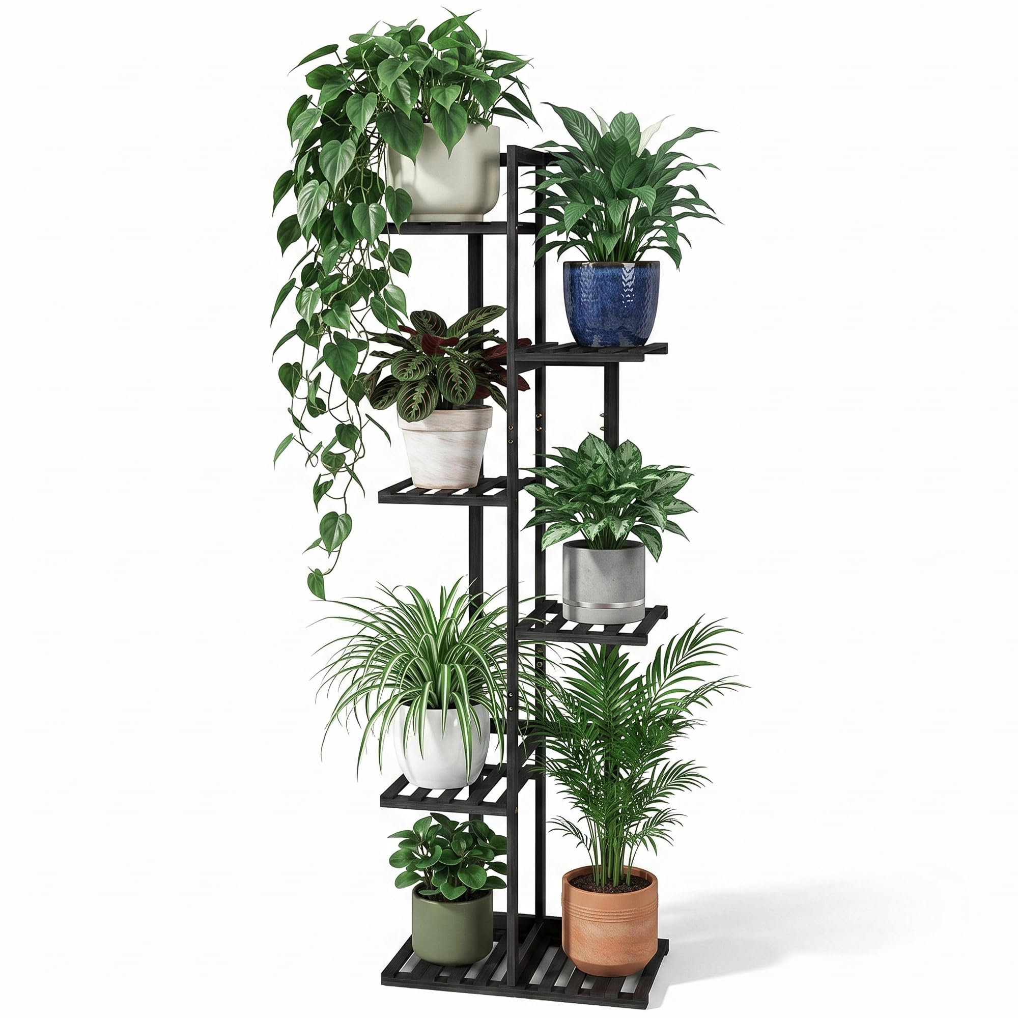 ROSSNY Bamboo Plant Stand side view showcasing potted plants