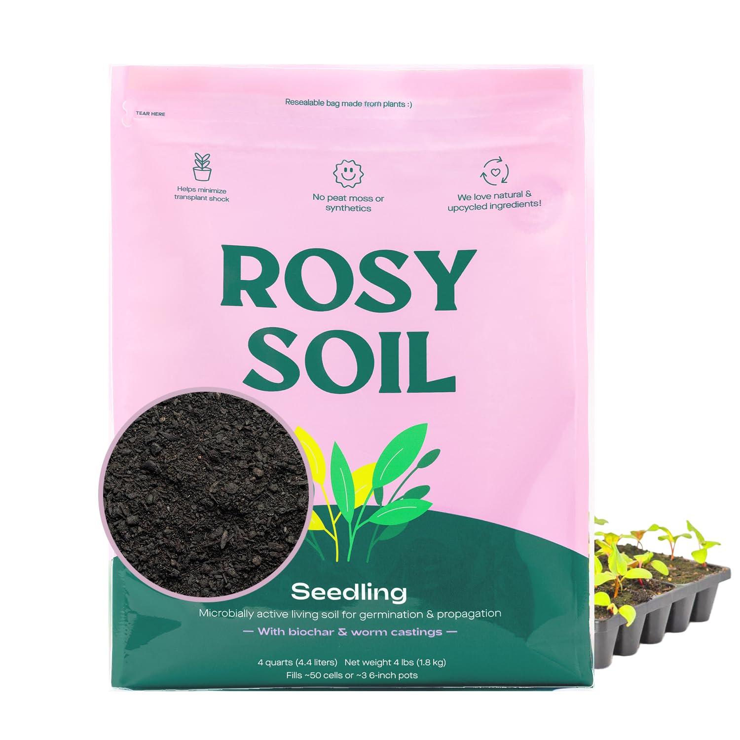 Rosy Soil Seedling Starter Soil Mix front view in resealable packaging
